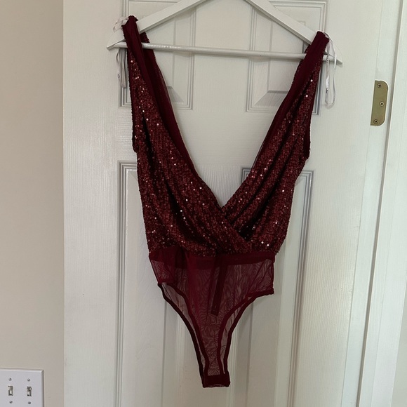 LULUS Evening Of Wonder Burgundy Sequin Cowl Back Bodysuit! - Picture 7 of 10